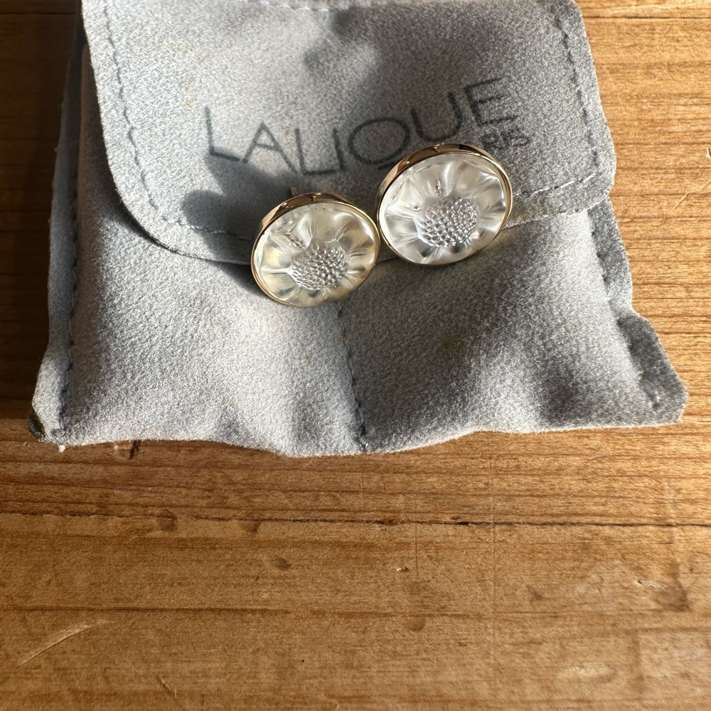 Vintage Lalique Crystal and Gold Floral Earrings